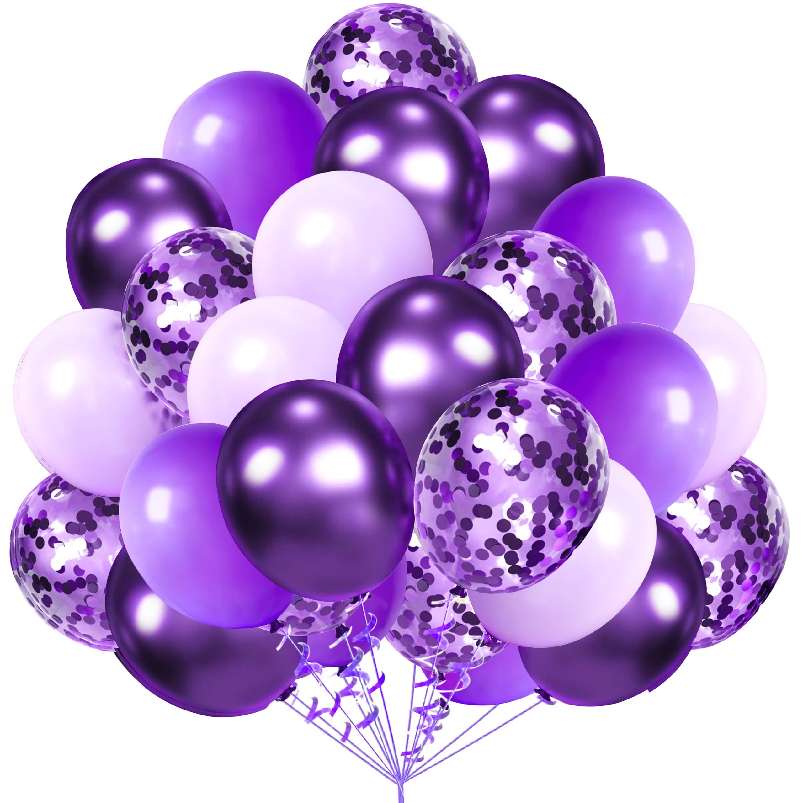 AULE Metallic Purple and Premium Latex Lavender Lilac Balloons 60 Pack 12inches and Purple Confetti Balloons with Purple Ribbons Set for Birthday Bridal Shower Wedding Party Decorations