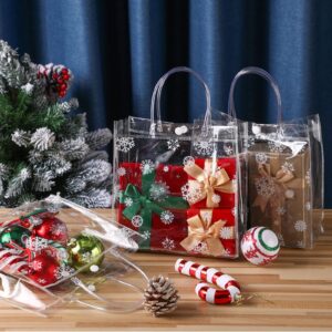 Gueevin 60 Pcs Christmas Clear Gift Bags with Handles Bulk Plastic Candy Treat Bags Snowflake Party Gift Bags PVC Wine Gift Tote Bags for Wedding Birthday Party Favor(7.87 x 7.87 x 3.15 Inch)