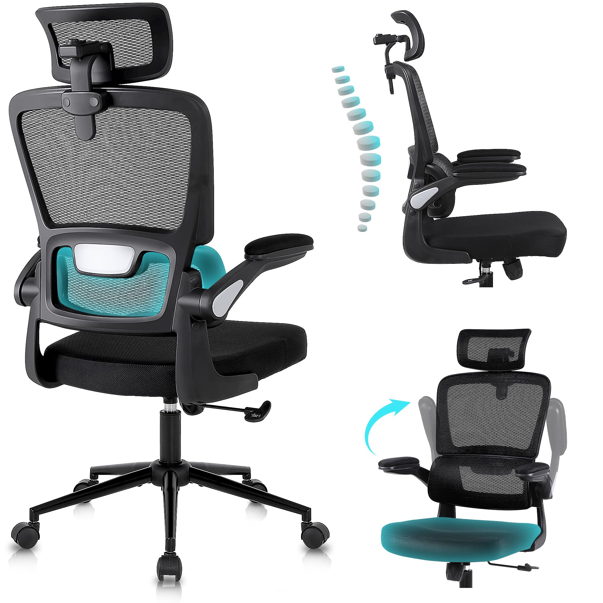 Ergonomic Office Desk Chair - Breathable Mesh High Back Computer Chair with Flip-Up Armrests, Comfortable Lumbar Support Executive Swivel Chair, Home Office Ergonomic Desk Chair (Black)