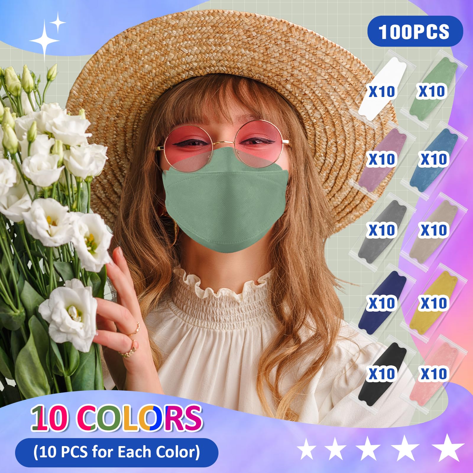 XDX KN95 Face Masks 100 Pack, 5 Layers Breathable Comfortable KN95 Masks for Adults Women Men, 10 Colors Masks Disposable Individually Wrapped