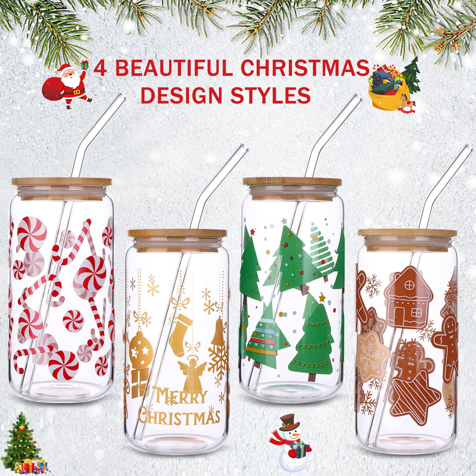 4Pcs Christmas Glass Cups, 16oz Christmas Mason Jars with Lid and Straw Christmas Tumbler Drinking Glasses Coffee Cups Jar Decor Glassware Water Bottles Xmas Home Decorations Gift for Kids Women Men