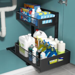 tistaya 2-tier metal under sink organizer, pull out smoothly under kitchen sink organizer with track, large capacity heavy load under sink storage for kitchen and bathroom