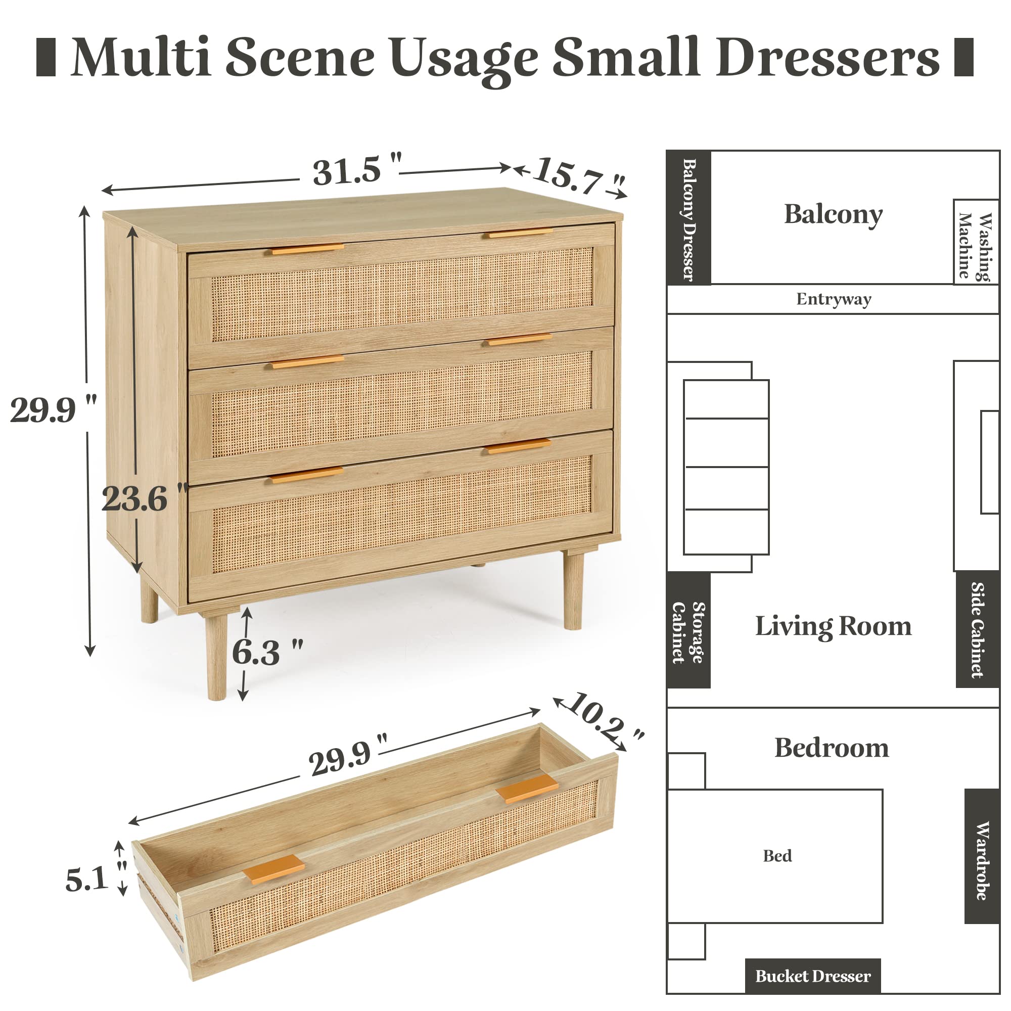 HOPUBUY 3 Drawer Dresser for Bedroom, Oak Rattan Dresser Closet Dressers Chest of Drawers, Light Wood Dresser 3 Drawer Storage Chest for Bedroom, Hallway, Living Room