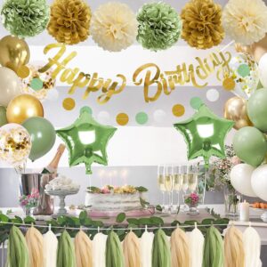 JINENUS Sage Green Birthday Party Decorations for Women Girls,Olive Green and Gold Birthday Decorations with Circle Dots Garland,Tissue Pompoms,Paper Tassels Garland Birthday Decor