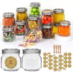 30 pack mason jars 8 oz with lids and bands, half pint canning jars, 1/4 quart small glass jars with 40 free labels for jam, pickles and diy