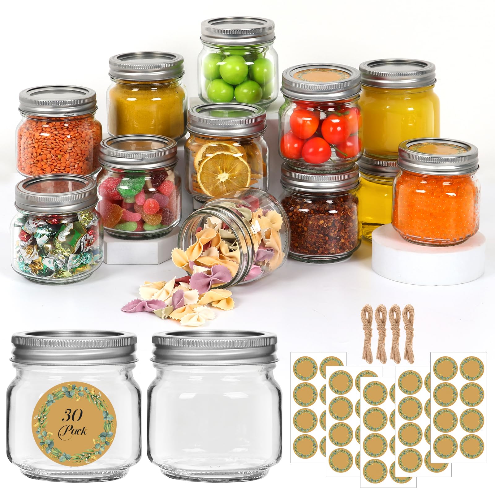 30 Pack Mason Jars 8 oz with Lids And Bands, Half Pint Canning Jars, 1/4 Quart Small Glass Jars with 40 Free Labels for Jam, Pickles And DIY