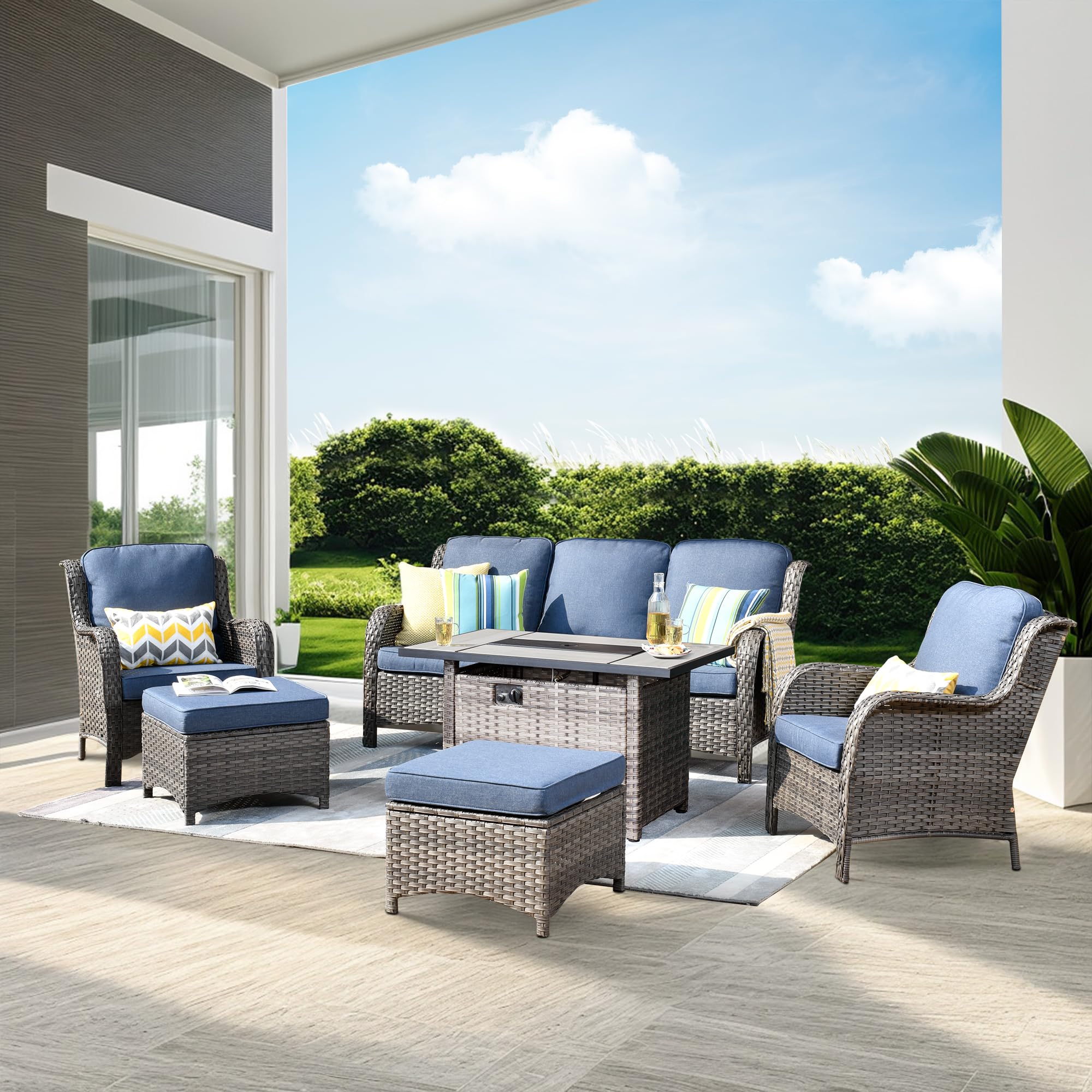 ovios 6-Pieces Patio Furniture Set with Fire Pit Table, Outdoor Wicker Rattan Sofa Couch with Ottomans, Comfy Cushions, High Back Conversation Set, Grey Wicker, Denim Blue