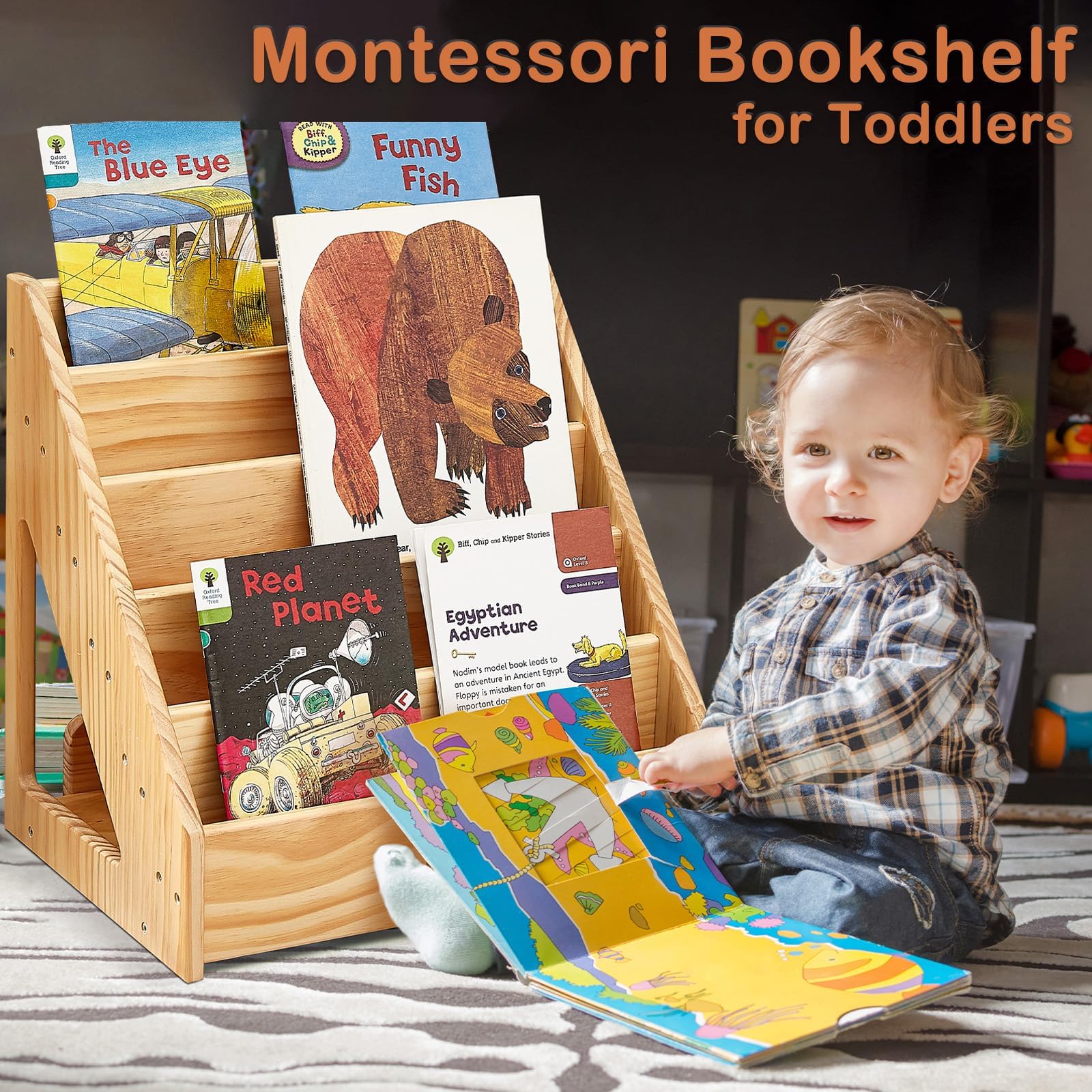 FUNLIO Montessori Bookshelf for Toddlers 1-5 Years, Front-Facing Kids Bookshelf with Handle & Anti-Tilting Device, Premium Pine Baby Bookshelf, Children's Bookcase for Nursery/Classroom, CPC Certified