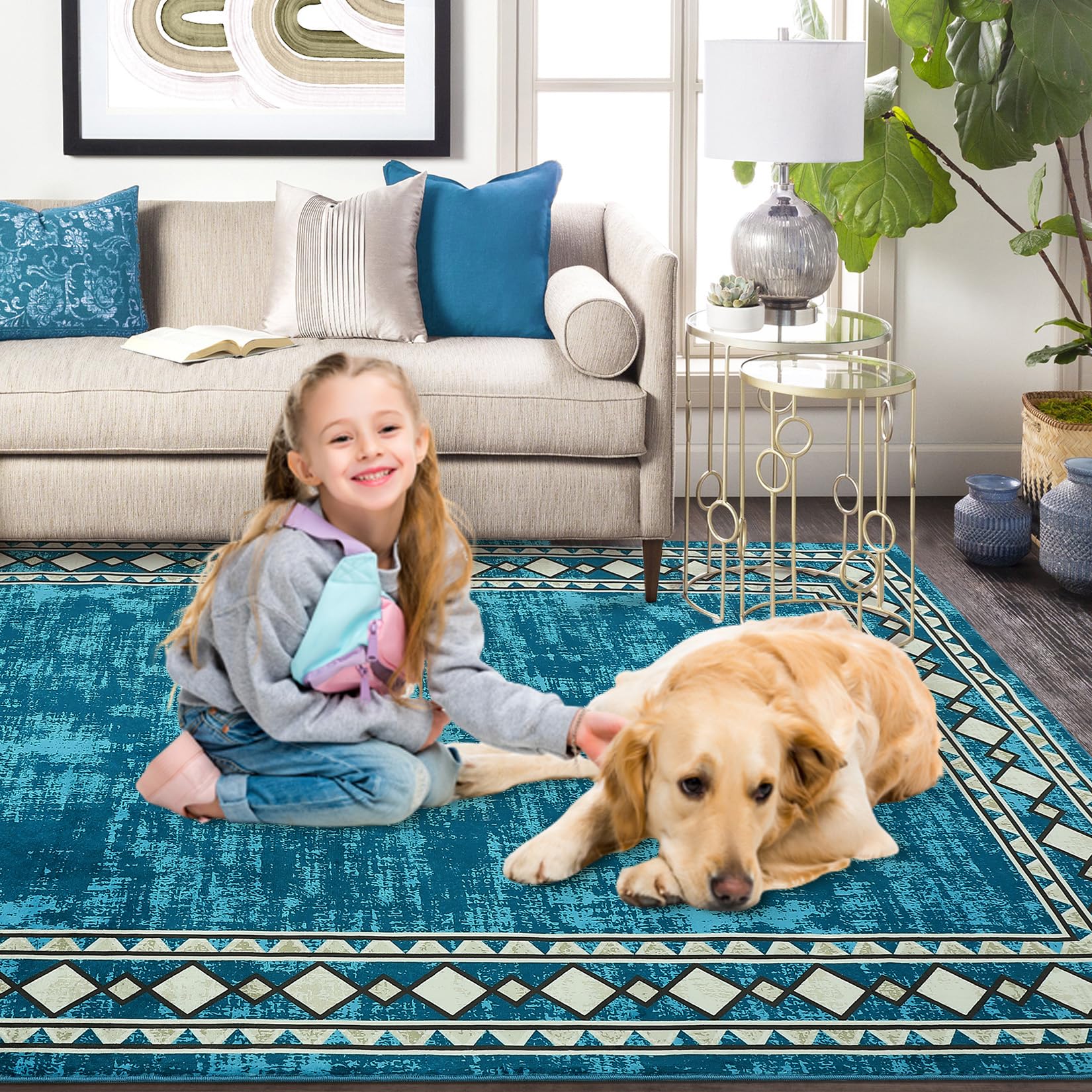 ROYHOME 9x12 Area Rug Extra Large Rug Machine Washable Modern Bordered Area Rug Geometric Border Stain Resistant Non-Slip Accent Rug Floor Cover Carpet Rug for Living Room Bedroom, Turquoise