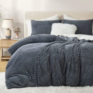 oli anderson fluffy duvet cover set queen size, 3 pieces tufted plush shaggy comforter cover, ultra soft warm fuzzy faux fur bedding sets, grey (1 duvet cover + 2 pillowcases)