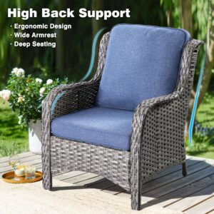 ovios 6-Pieces Patio Furniture Set with Fire Pit Table, Outdoor Wicker Rattan Sofa Couch with Ottomans, Comfy Cushions, High Back Conversation Set, Grey Wicker, Denim Blue