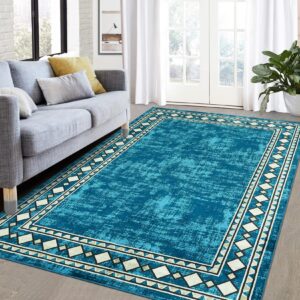 ROYHOME 9x12 Area Rug Extra Large Rug Machine Washable Modern Bordered Area Rug Geometric Border Stain Resistant Non-Slip Accent Rug Floor Cover Carpet Rug for Living Room Bedroom, Turquoise