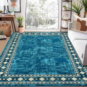 royhome 9x12 area rug extra large rug machine washable modern bordered area rug geometric border stain resistant non-slip accent rug floor cover carpet rug for living room bedroom, turquoise