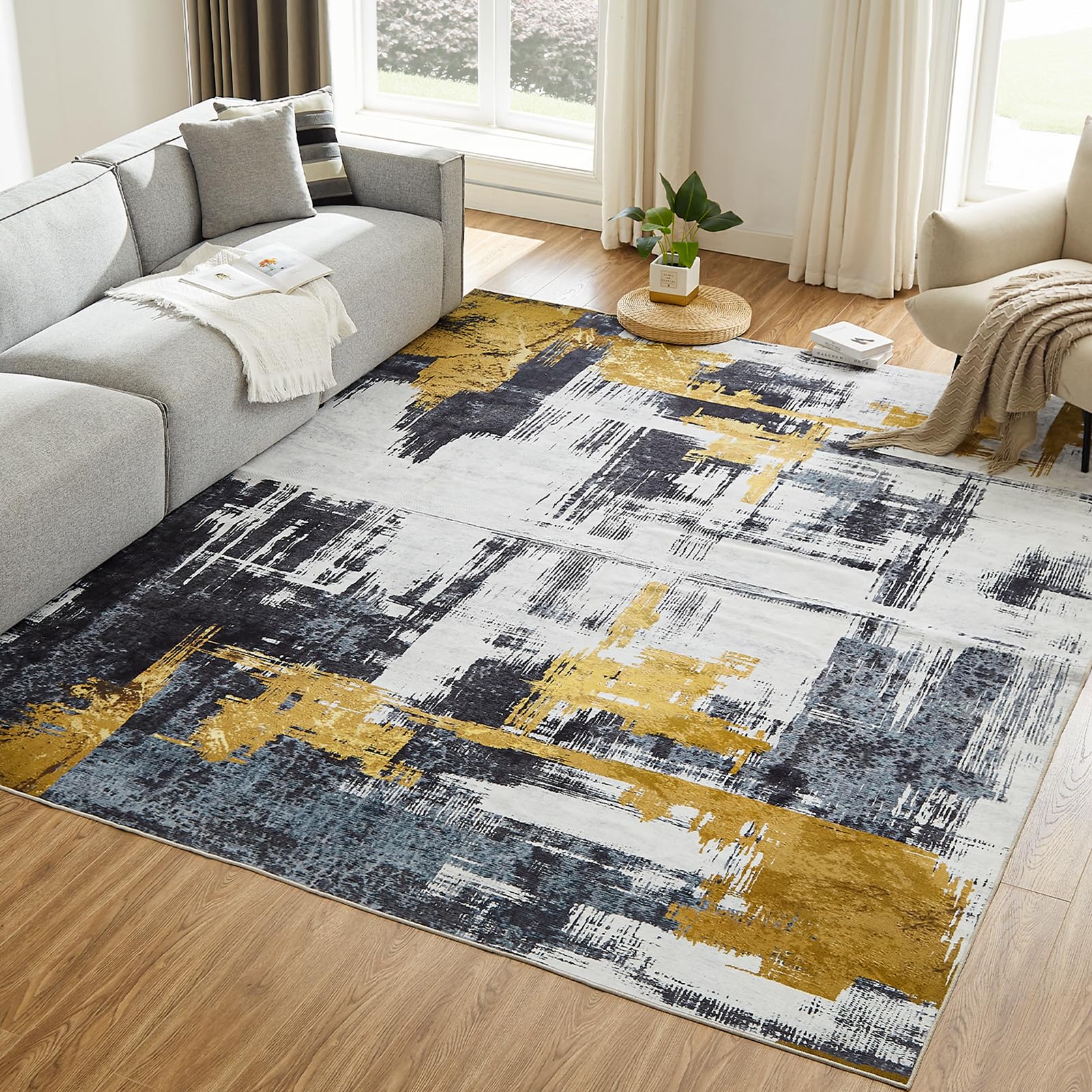 VK·LIVING Machine Washable Rug 5'x7' Abstract Washable Area Rugs for Living Room Non Slip Rugs for Bedroom Modern Woven Rug Boho Rug Soft Carpet Kitchen Dining Rugs Home Decor Office Rug (Black)