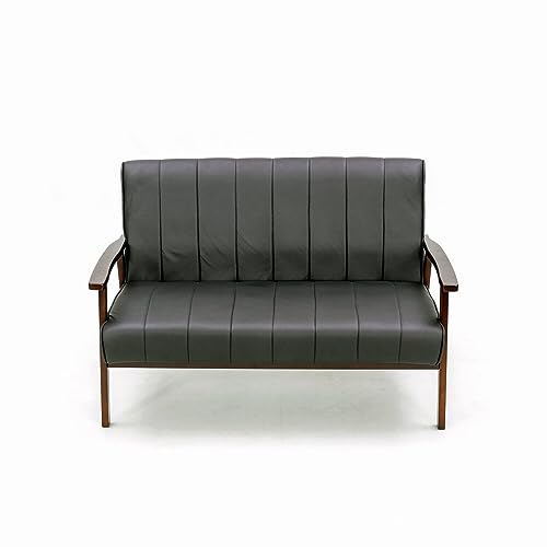 Panana Mid Century Modern Loveseat Sofa with Wooden Arms Leather Office Couch 2-Seat Wood Love Seat Lounge Armchair Living Room Bedroom, Black Faux Leather