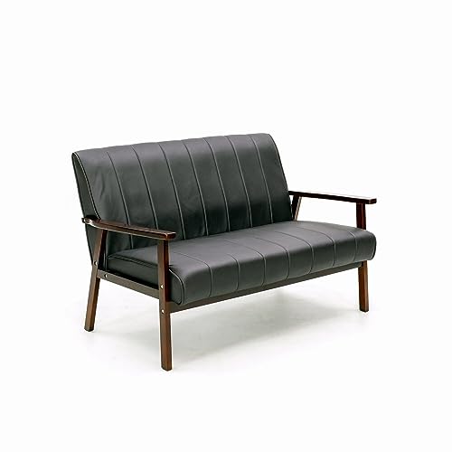 Panana Mid Century Modern Loveseat Sofa with Wooden Arms Leather Office Couch 2-Seat Wood Love Seat Lounge Armchair Living Room Bedroom, Black Faux Leather