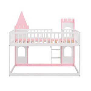 BOVZA Castle Bed Kids Bunk Bed Twin Over Twin with Ladder and Safety Guardrails for Girls Boys, Pink