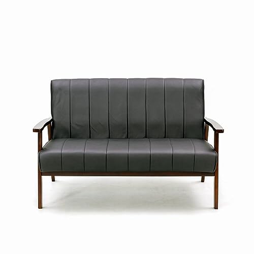 Panana Mid Century Modern Loveseat Sofa with Wooden Arms Leather Office Couch 2-Seat Wood Love Seat Lounge Armchair Living Room Bedroom, Black Faux Leather