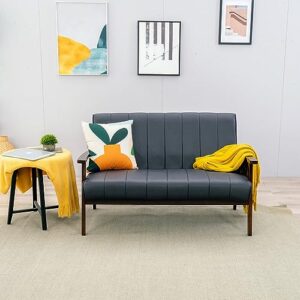 Panana Mid Century Modern Loveseat Sofa with Wooden Arms Leather Office Couch 2-Seat Wood Love Seat Lounge Armchair Living Room Bedroom, Black Faux Leather