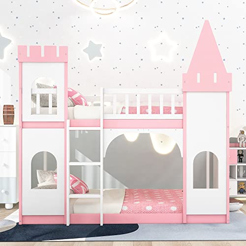 BOVZA Castle Bed Kids Bunk Bed Twin Over Twin with Ladder and Safety Guardrails for Girls Boys, Pink