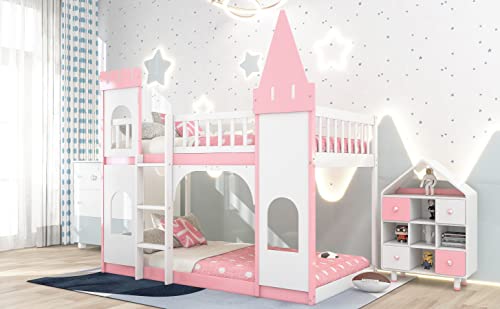 BOVZA Castle Bed Kids Bunk Bed Twin Over Twin with Ladder and Safety Guardrails for Girls Boys, Pink