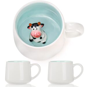 pumtus 2 pack 3d coffee mug, 12 oz cute cow ceramic cup, hidden 3d animal inside mug, cartoon ceramics figurine teacup, party office morning mugs for tea milk juice cappuccino chocolate, 3d cow cup