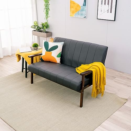 Panana Mid Century Modern Loveseat Sofa with Wooden Arms Leather Office Couch 2-Seat Wood Love Seat Lounge Armchair Living Room Bedroom, Black Faux Leather