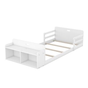 Linique Twin Size Floor Bed with Storage Footboard and Guardrail,Classic Style Solid Wood Floor Bedframe,White