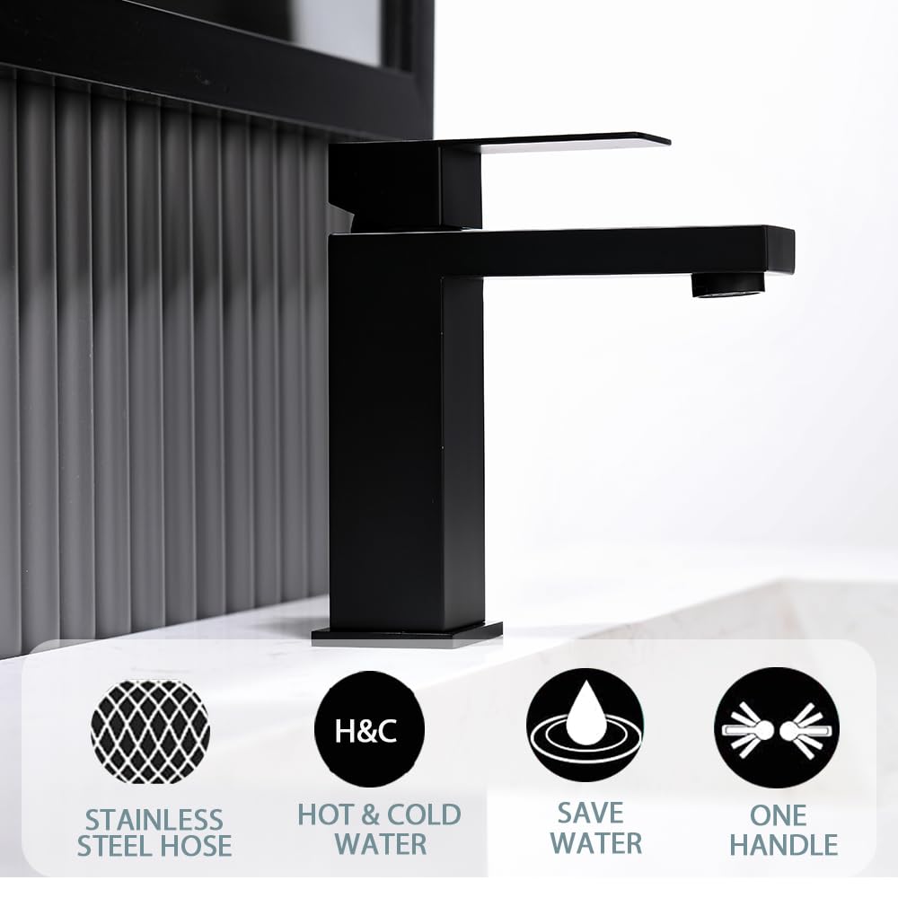 Black Bathroom Faucet, Bathroom Faucets, Bathroom Sink Faucets, Single Hole Bathroom Faucet, Matte Black Single Handle Bathroom Faucet with Pop Up Drain and Supply Lines, BF011B