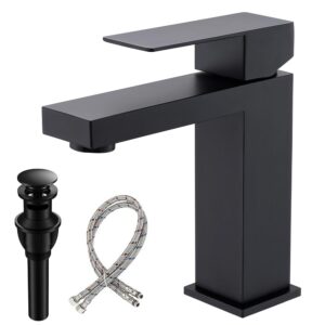 black bathroom faucet, bathroom faucets, bathroom sink faucets, single hole bathroom faucet, matte black single handle bathroom faucet with pop up drain and supply lines, bf011b