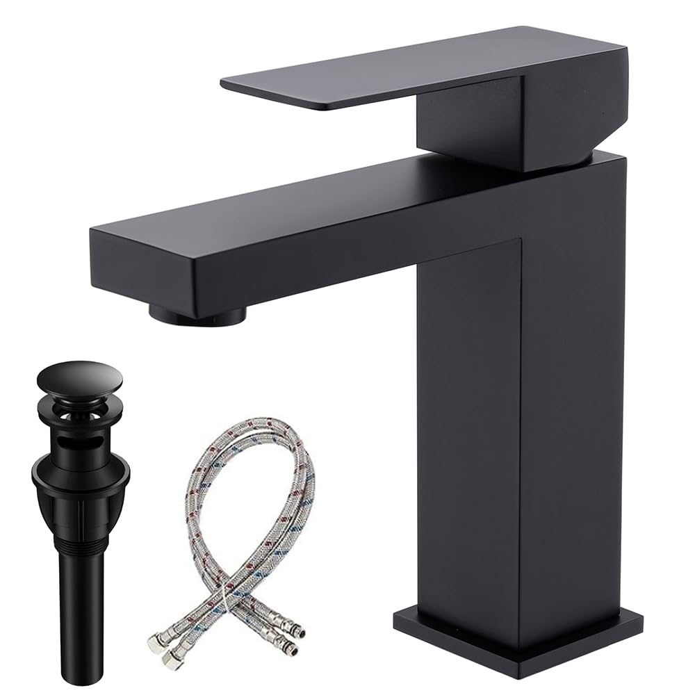 Black Bathroom Faucet, Bathroom Faucets, Bathroom Sink Faucets, Single Hole Bathroom Faucet, Matte Black Single Handle Bathroom Faucet with Pop Up Drain and Supply Lines, BF011B