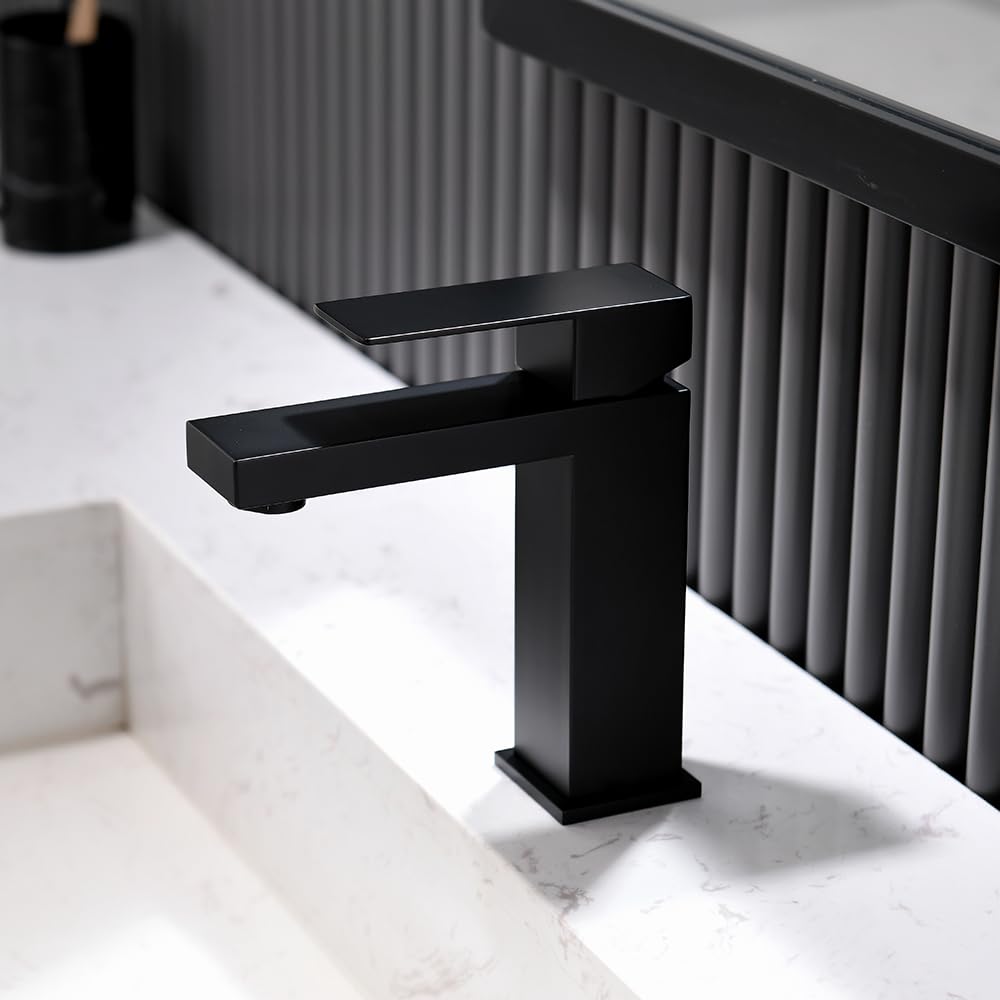 Black Bathroom Faucet, Bathroom Faucets, Bathroom Sink Faucets, Single Hole Bathroom Faucet, Matte Black Single Handle Bathroom Faucet with Pop Up Drain and Supply Lines, BF011B