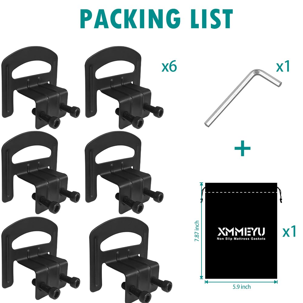 XMMEYU 6 PCS Non Slip Mattress Gaskets, Mattress Holder in Place for a Great Sleep Gripper for Metal Bed Frame, Thicked and Wider Anti-Slip Baffle, Adjustable Size, Black (6, Black)