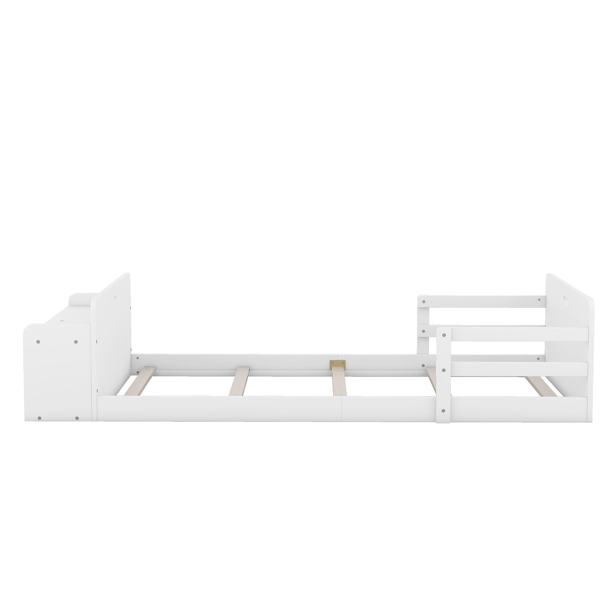 Linique Twin Size Floor Bed with Storage Footboard and Guardrail,Classic Style Solid Wood Floor Bedframe,White