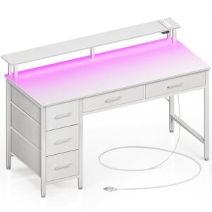 Seventable Computer Desk with Power Outlets & LED Light, 39 inch Home Office Desk with 5 Drawers, Writing Desk with Monitor Stand, Work Desk for Home Office, White