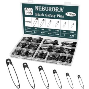 neburora 600pcs black safety pin assorted size safety pin small and large safety pins for clothes home school office sewing craft and arts pinning