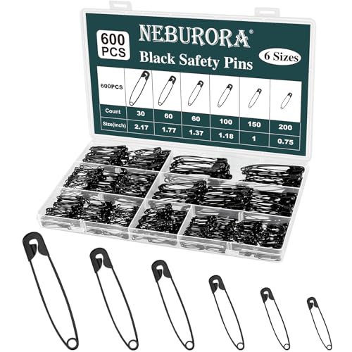 NEBURORA 600Pcs Black Safety Pin Assorted Size Safety Pin Small and Large Safety Pins for Clothes Home School Office Sewing Craft and Arts Pinning