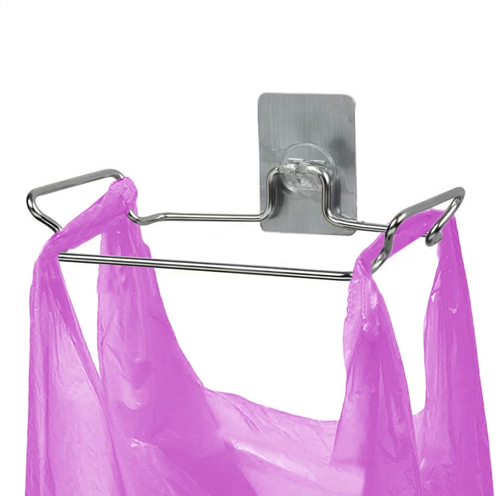 Trash Bag Holder for Cabinet Doors & Cupboards, Stainless Steel Garbage Bag Holder with Adhesive Base Sticker, Portable Kitchen Trash Can for Under Sink Trash Bag Holder, Under Counter Trash Can