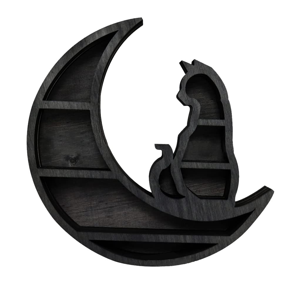 Faddare Wooden Moon Shelf, 1 Shelf, Rustic, Accent Shelf, Decorative Shelf, Black, 11.8x11.8x3cm, for Living Room, Dining Room, Bed Room, Jewelry, Crystals, Essential Oil