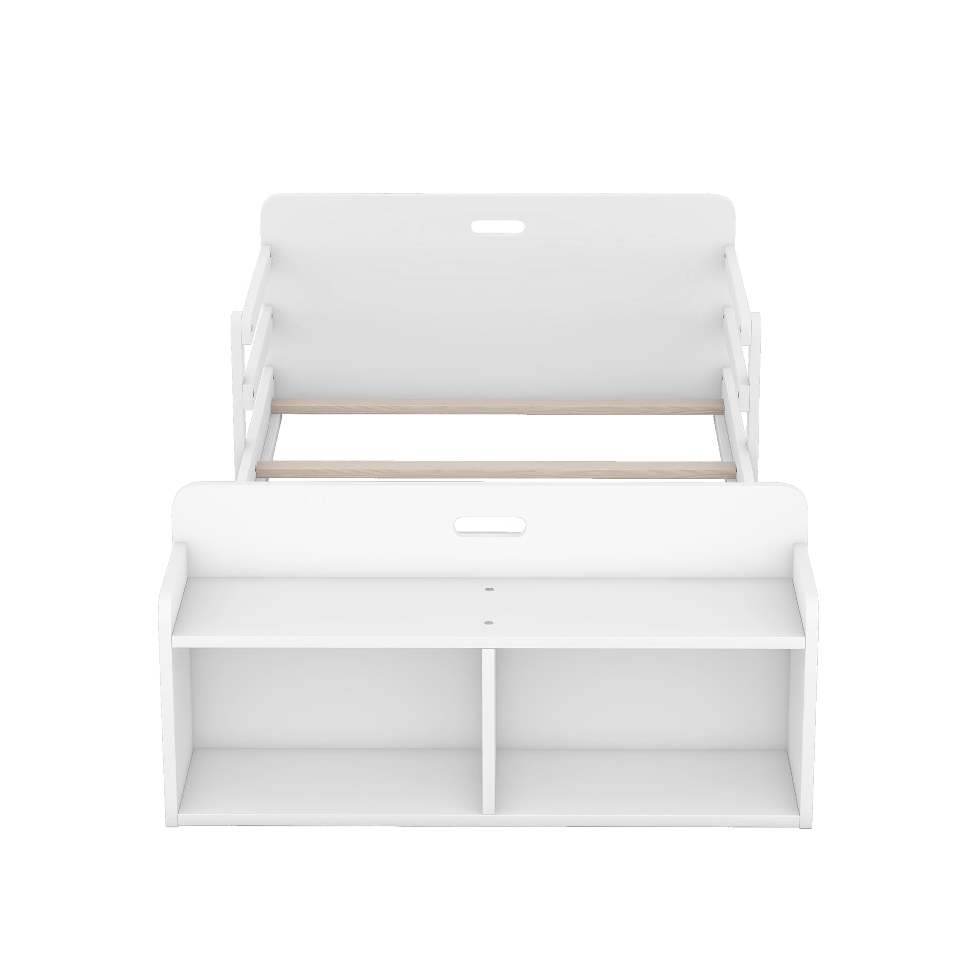 Bellemave Twin Size Floor Bed with Headboard and Footboard Solid Wood Twin Bed for Kids with Storage Footboard and Guardrail, White