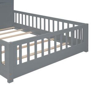 MERITLINE Full Size Montessori Floor Bed with Rails, Wood Platform Bed Full House Bed with Window and Bedside Drawers, Kids Full Bed Frame with Shelves and a Set of Sockets and USB Port - Grey