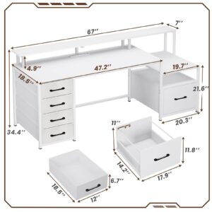 SEDETA White Computer Desk with 5 Drawer & Power Outlet, 66'' Home Office Desk with File Drawer, Storage Shelves, Printer Cabinet and Monitor Shelf, Gaming Desk with Led Lights