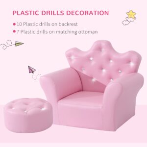 Qaba Kids Sofa Set, Children's Upholstered Sofa with Footstool, Princess Sofa with Diamond Decorations, Baby Sofa Chair for Toddlers, Girls, Pink