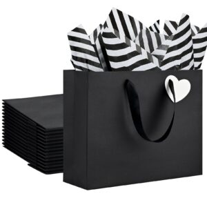 ocmoiy 12 pcs medium black gift bags with ribbon handles and tissue paper, gift tags | heavy duty gift bags for business, wedding, birthday, party supplies and gifts (matte, 10.6 x 3.1 x8.3 inch)