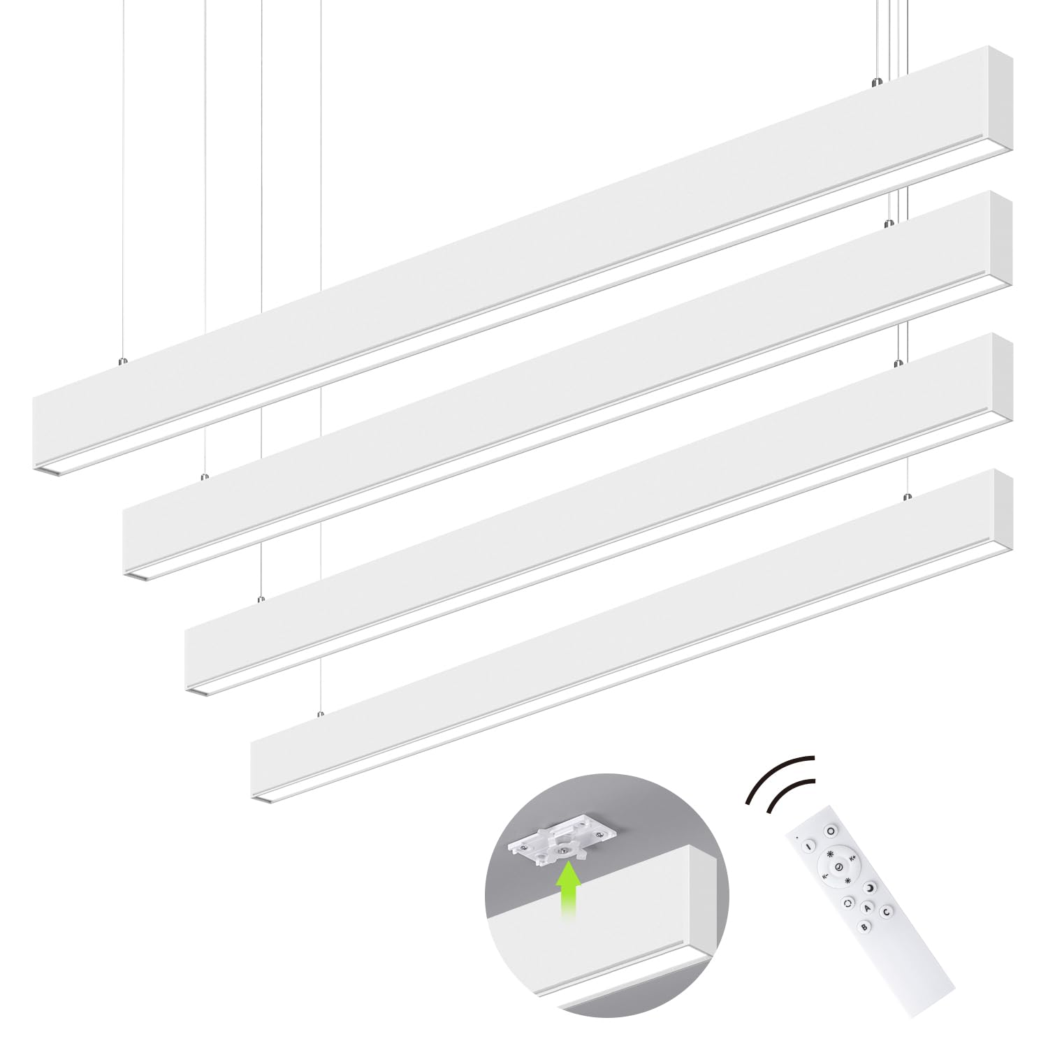 Monios-L LED Linear Light with Remote Control, Seamless Connection, 3000K to 6000k CCT Selectable, 4FT Stepless Dimmable, 36W Linkable Ceiling Shop Light, Suspended Office Lighting Fixture, 4 Packs