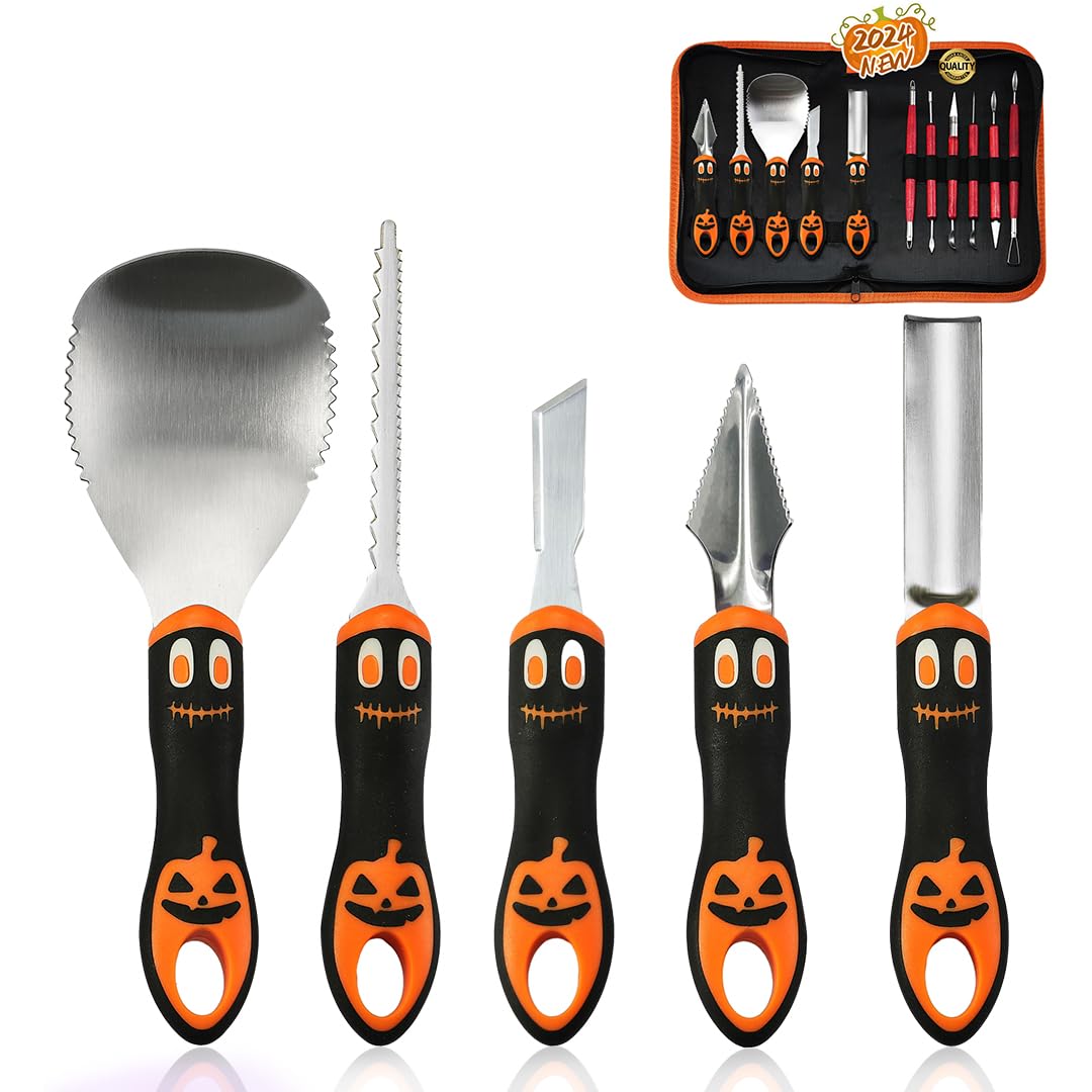 WeKit Halloween Pumpkin Carving Kit Tools, 11 Pcs Professional Heavy Duty Carving Set, Stainless Steel Double-side Sculpting Tool Carving Kit for Halloween Decoration and Gifts