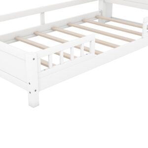 Bellemave Twin Bed Frame with Storage Headboard, White - Solid Wood Kids Bed with Built-in LED Light, Guardrail & Slats - 87L x 43W x 31.2H inches - Includes Tools for Assembly