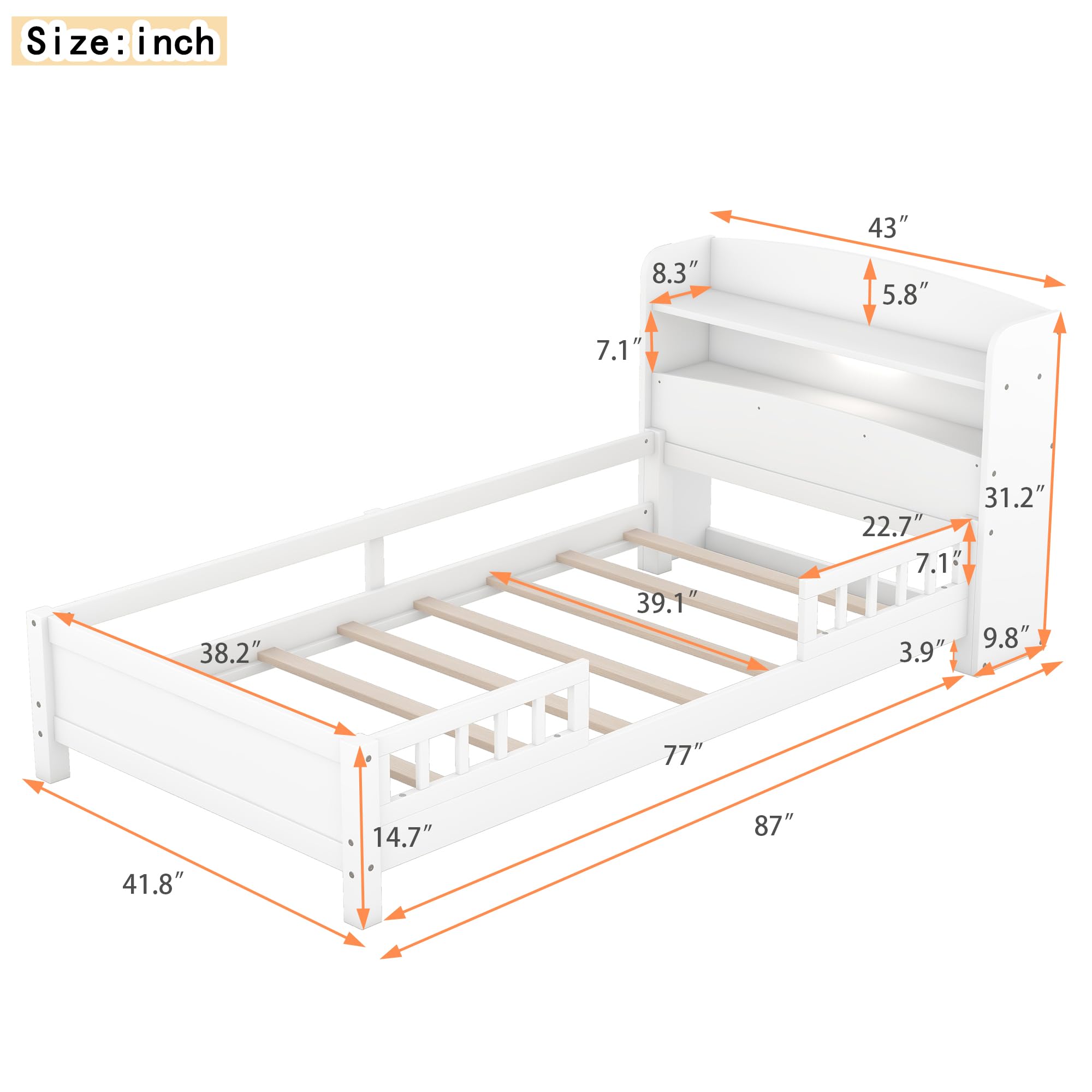 Bellemave Twin Bed Frame with Storage Headboard, White - Solid Wood Kids Bed with Built-in LED Light, Guardrail & Slats - 87L x 43W x 31.2H inches - Includes Tools for Assembly