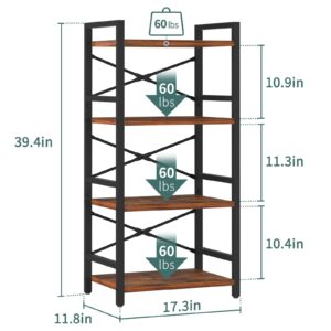 Yoobure 4 Tier Bookshelf - Small Book Shelf Industrial Bookcase, Narrow Book Case Book Storage Organizer for CD/Movie/Book, Bookshelves for Bedroom Office Living Room Berry Brown