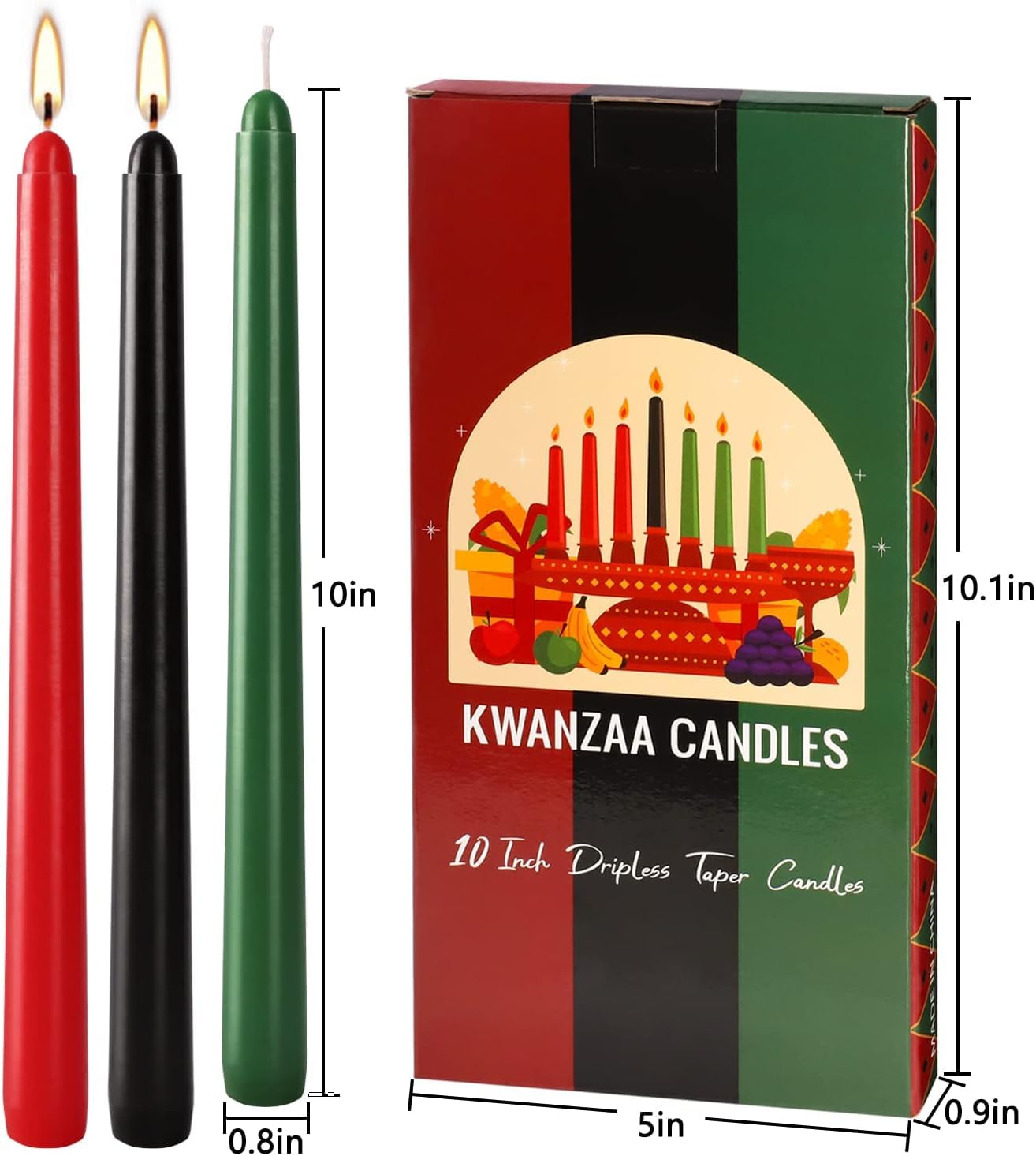 Set of 7 Kwanzaa Taper Candles, 3 Red, 3 Green, 1 Black Mishumaa Saba Candle Set, 10 Inch Dripless Tall Candle Stick for Kwanzaa, 7-7.5 Hour Burn Time